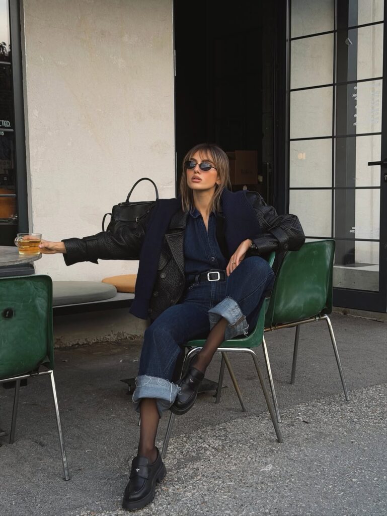 Mulher jovem, magra e de pele clara. Ela usa conjunto jeans, mocassim com meia e óculos de sol